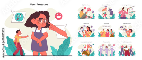 Peer pressure concept set. People of various age groups and statuses suffering from social disapproval, bullying and lack of support. High expectations and trends ideas. Flat vector illustration