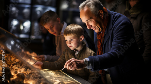 A child engrossed in an interactive history lesson on a digital tablet  surrounded by historical figures