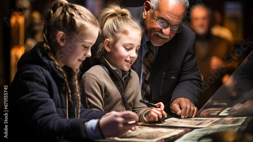 A child engrossed in an interactive history lesson on a digital tablet, surrounded by historical figures photo