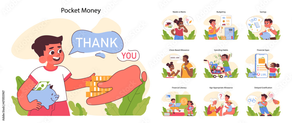 Fototapeta premium Pocket money set. Kids learning financial skills, from savings to budgeting. Allowance from parents for doing chores. Choosing between needs and wants. Financial literacy. Flat vector illustration