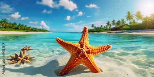 AI Generated. AI Generative. Sea ocean sand beach island background with starfish decoration. Graphic Art © AkimD
