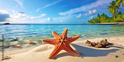 AI Generated. AI Generative. Sea ocean sand beach island background with starfish decoration. Graphic Art