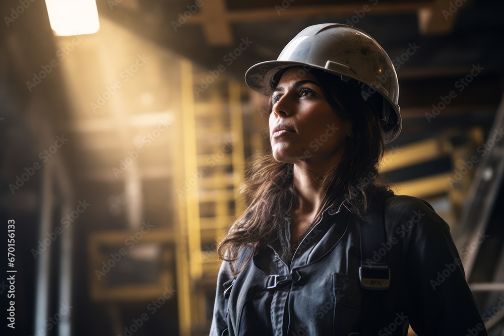 Portrait of female worker in hardhat looking away in industrial factory Portrait of female worker in hardhat looking away in industrial factory