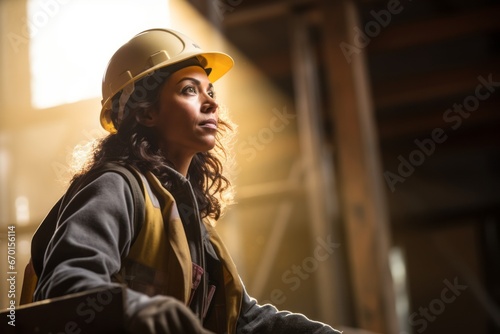 Portrait of a female construction worker wearing safety helmet and hardhat