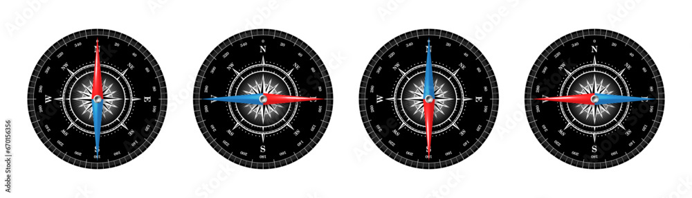 Marine compass, nautical wind rose with cardinal directions of North, East, South, West and degree markings. Geographical position and orientation, cartography and navigation. Vector illustration Marine compass, nautical wind rose with cardinal directions of North, East, South, West and degree markings. Geographical position and orientation, cartography and navigation. Vector illustration