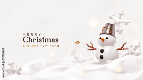 Christmas snowman with silver bucket on his head. Snowman in snow with white snowflakes. Realistic 3d cartoon style. Winter Christmas background. Vector illustration photo