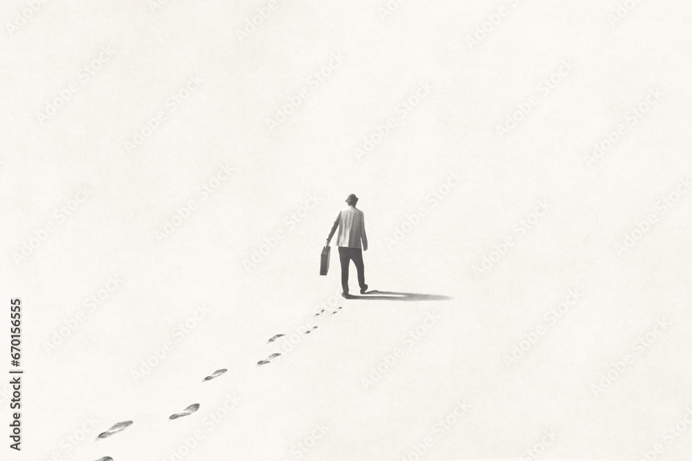 Illustration of man walking lost in the fog, surreal concept - obrazy, fototapety, plakaty 