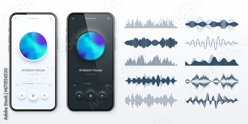 Online audio player user interface, smartphone app UI design. Music, media streaming and listening platform. Responsive mobile application. Neumorphism. Various sound waves. Vector illustration