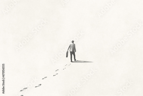 Illustration of man walking lost in the fog, surreal concept photo