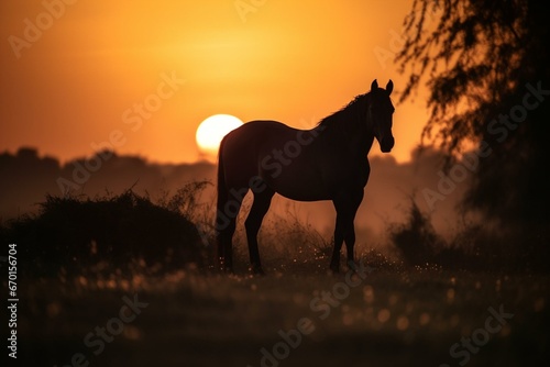 Silhouette of a horse amidst grass during sunset. Generative AI © Cecilia