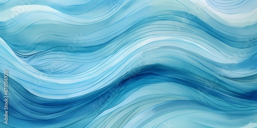 Ocean water waves illustration, blue wavy lines for copy space text. Teal lake wave flowing motion web banner. Sea foam watercolor effect backdrop. Pool water fun ripples abstract cartoon . 