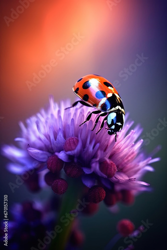 Ladybug sits on a purple flower. Generative AI