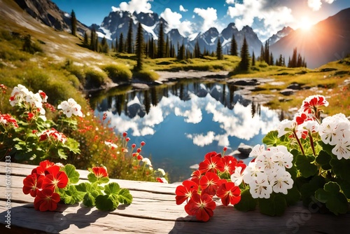 of red and white geranium flowers on wooden table overlooking snow-capped mountain peaks at hiking trail, sunny summer morning