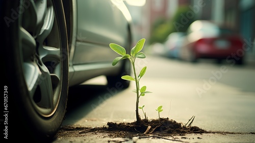 Sprout growing out of road asphalt as nature resistance and endurance. Urban city pollution with traffic and cars. Green plant growth as symbol of better future and sustainable tomorrow.