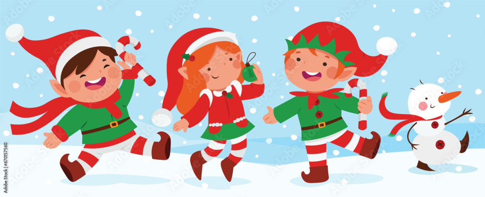 Christmas card with elf on winter background. Children in elf costumes.