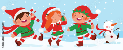 Christmas card with elf on winter background. Children in elf costumes.