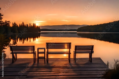 Two wooden chairs bench on a wood pier overlooking a lake at sunset © Bilal