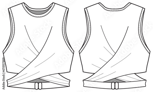 Women's Sleeveless Crop top T Shirt with wraparound waist flat sketch fashion illustration drawing template mock up with front and back view, Sports bra t-shirt