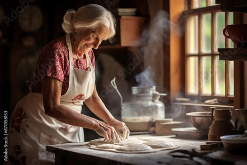 Graceful Elderly Lady in Traditional Kitchen Scene