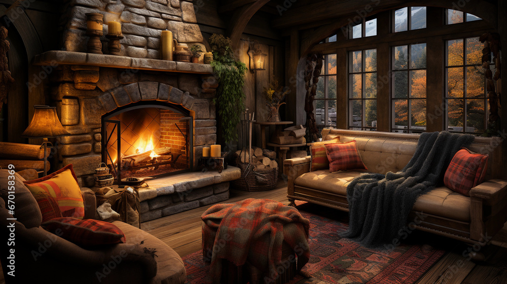 Fototapeta premium A cozy log cabin interior, featuring a stone fireplace, rustic wooden beams, and plaid blankets