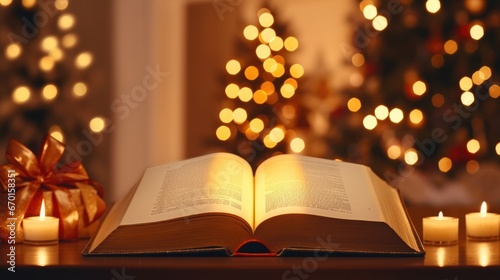 Christmas Bible with Blurred Candle Lights: Symbol of the Birth of Jesus Christ and Spiritual Faith in the Messiah