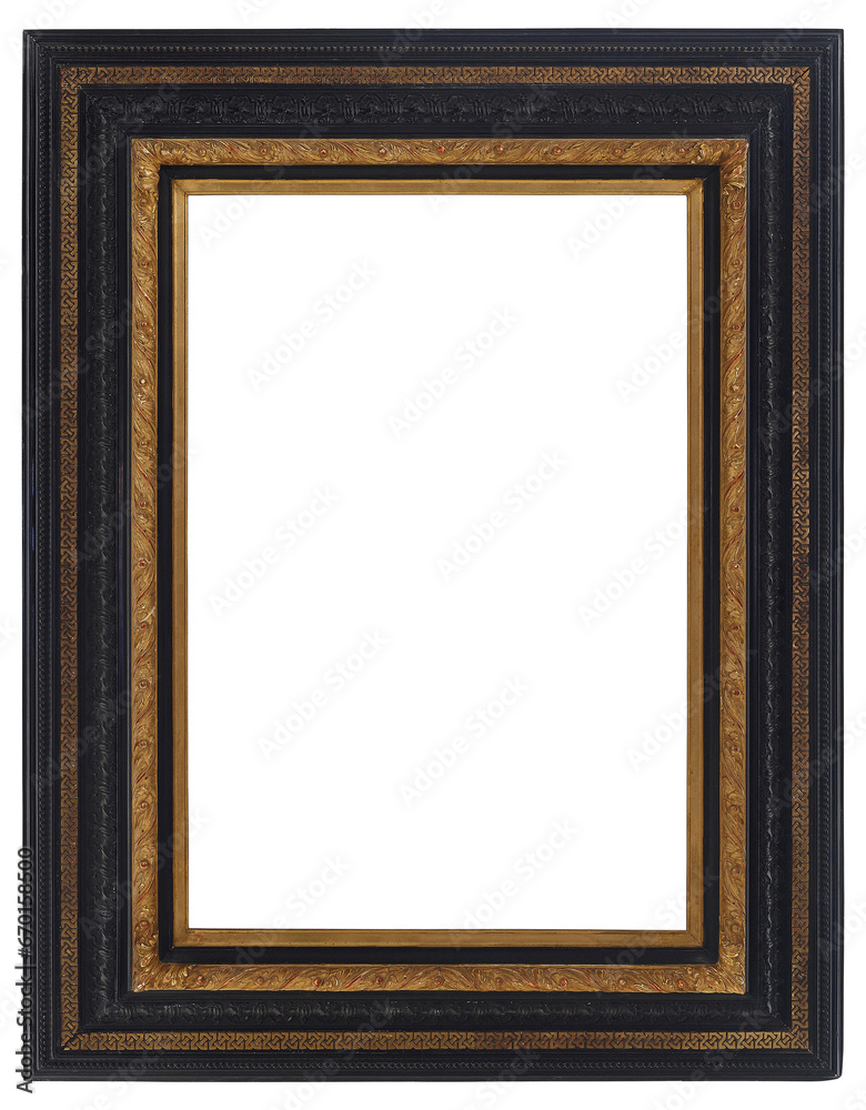 Black gold-trimmed frame from an old painting in PNG format on a transparent background. Black gold-trimmed frame from an old painting in PNG format on a transparent background.