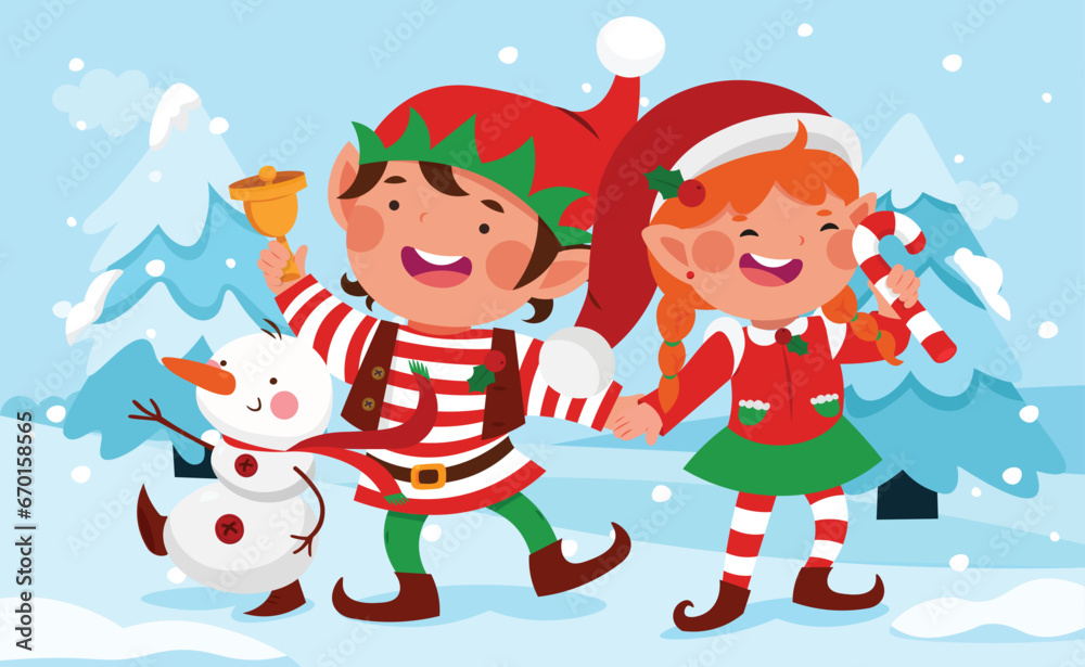 Naklejka premium Winter landscape with little elf, snowman vector illustration.
