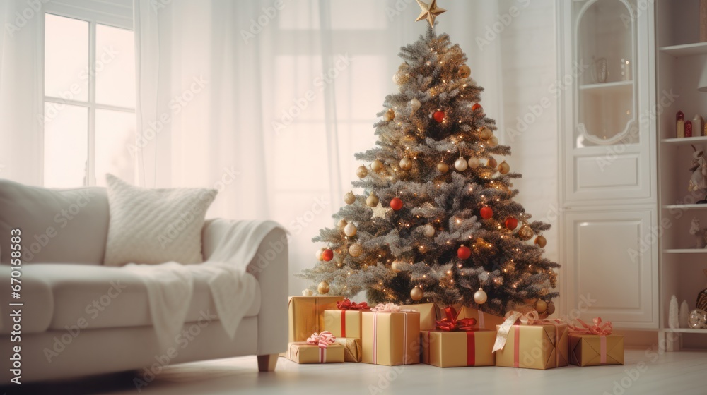Cozy Living Room Decorated for Christmas with Tree, Presents, and Soft Sofa in White Interior
