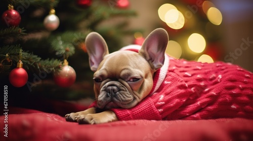 Cozy Christmas Nap: French Bulldog Sleeping in Front of Pink Decorated Tree on Fur Blanket © Generative Professor