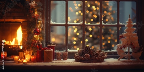 Cozy Christmas Scene: Festive Window, Adorned Sill, and Warm Fireplace