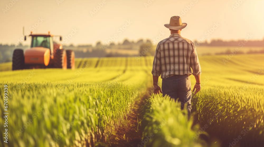 A farmer in a field looking down at the harvest, in a green wheat field, a tractor in the distance,