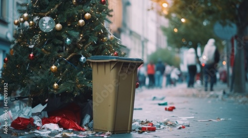 Eco-Friendly Recycling: Thrown Out Christmas Tree Celebrates New Year in Trash Bin