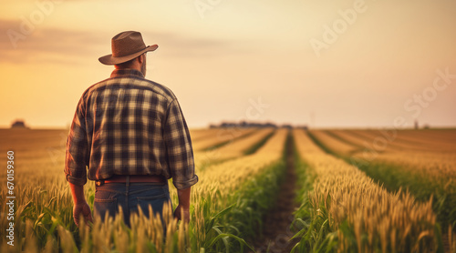 A farmer in a field looking down at the harvest, in a green wheat field