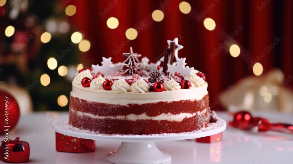 Christmas Cake Ball with Red Cakes and White Chocolate Snowflakes surrounded by Candles, Garlands and Fir Cones. Christmas Cake Ball with Red Cakes and White Chocolate Snowflakes surrounded by Candles, Garlands and Fir Cones.