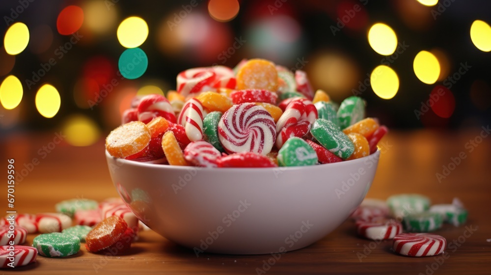  Christmas Candy in a Decorative Bowl with Peppermint and Hard Candies, Adorned with Santa Hat Ornament for Horizontal Holiday Decoration.