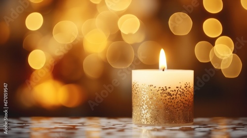  Christmas Candle in Illuminated Night with Bokeh Backdrop and Twinkling Lights