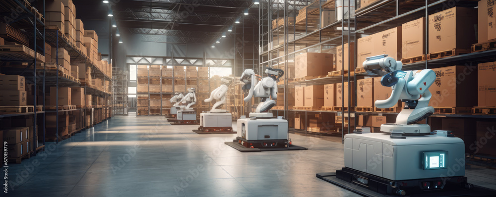 Automated smart Robotic Arms In Modern Warehouse.