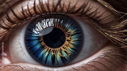A strikingly detailed close-up of a human eye, the focal point of this photograph is a mesmerizing blend of colors and textures. The iris is a deep, rich colorful, while the surrounding sclera  photo