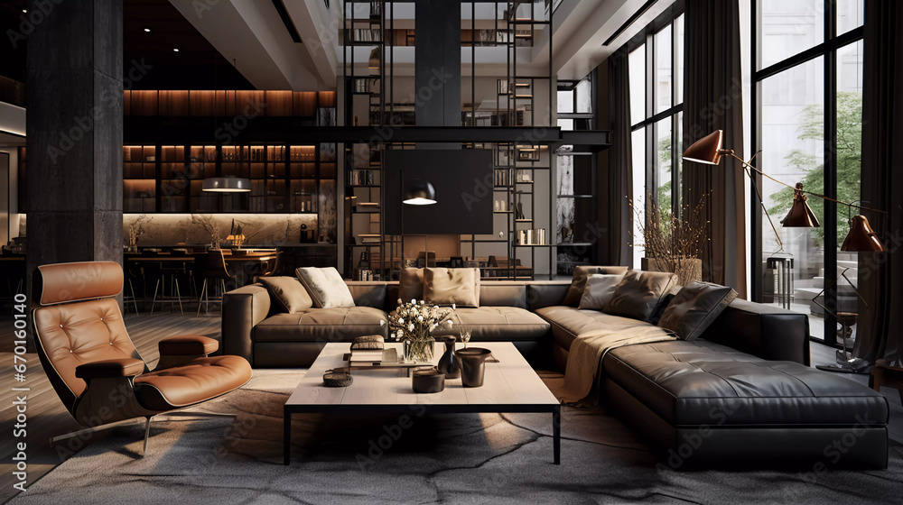 Big living room of luxury penthouse with big windows