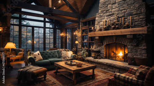 A cozy log cabin interior, featuring a stone fireplace, rustic wooden beams, and plaid blankets