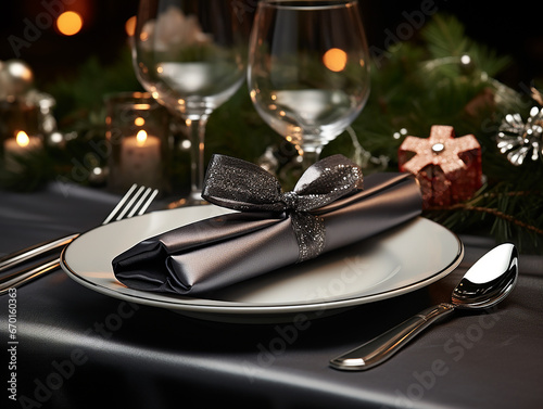 primo piano di set di tavola apparecchiata natalizia, colori natalizi e piatti lussuosi, posate d'argento, concetto di cena di Natale o veglione di capodanno photo