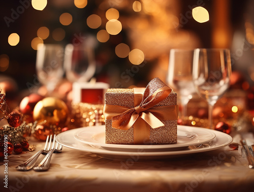primo piano di set di tavola apparecchiata natalizia, colori dorati e piatti lussuosi, posate d'argento, concetto di cena di Natale o veglione di capodanno photo