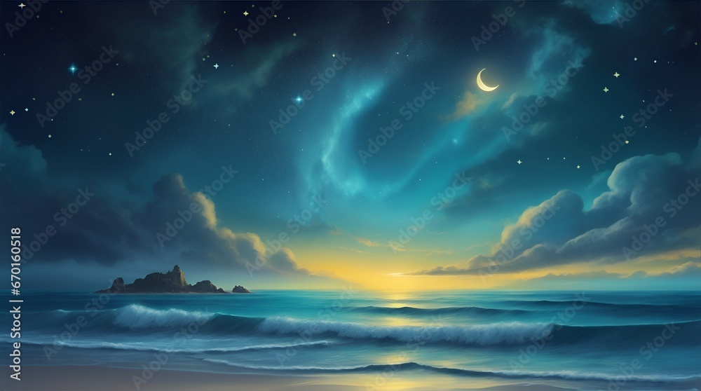 Fairytale magical sky with stars and moon. Gentle ocean waves on the bottom. Mystery scene for stargazers for mobile web, labels and adds. Vibrant teal, blue and yellow colors.

