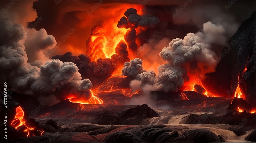 the primary subject at the forefront is a raging eruption of lava, its fiery explosion beautifully rendered in a stunning palette of oranges, reds, and blacks.  - obrazy, fototapety, plakaty 