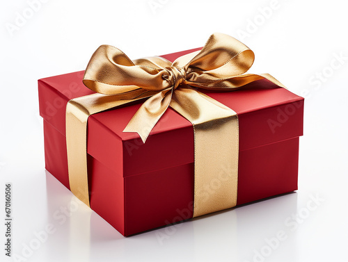 pacchetto regalo rosso di Natale con fiocco  oro su sfondo bianco scontornabile visto di tre quarti © garpinina