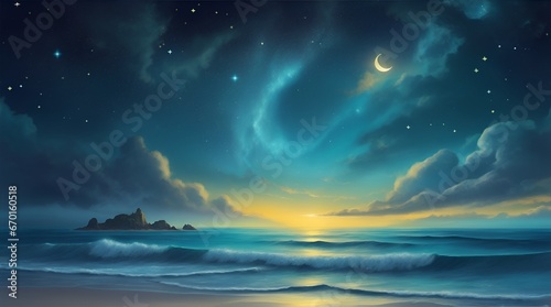 Fairytale magical sky with stars and moon. Gentle ocean waves on the bottom. Mystery scene for stargazers for mobile web  labels and adds. Vibrant teal  blue and yellow colors.  