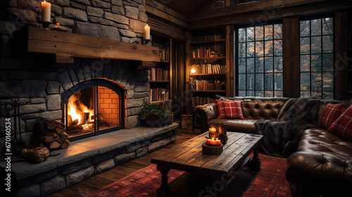 A cozy log cabin interior  featuring a stone fireplace  rustic wooden beams  and plaid blankets