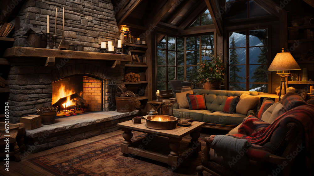 A cozy log cabin interior, featuring a stone fireplace, rustic wooden beams, and plaid blankets