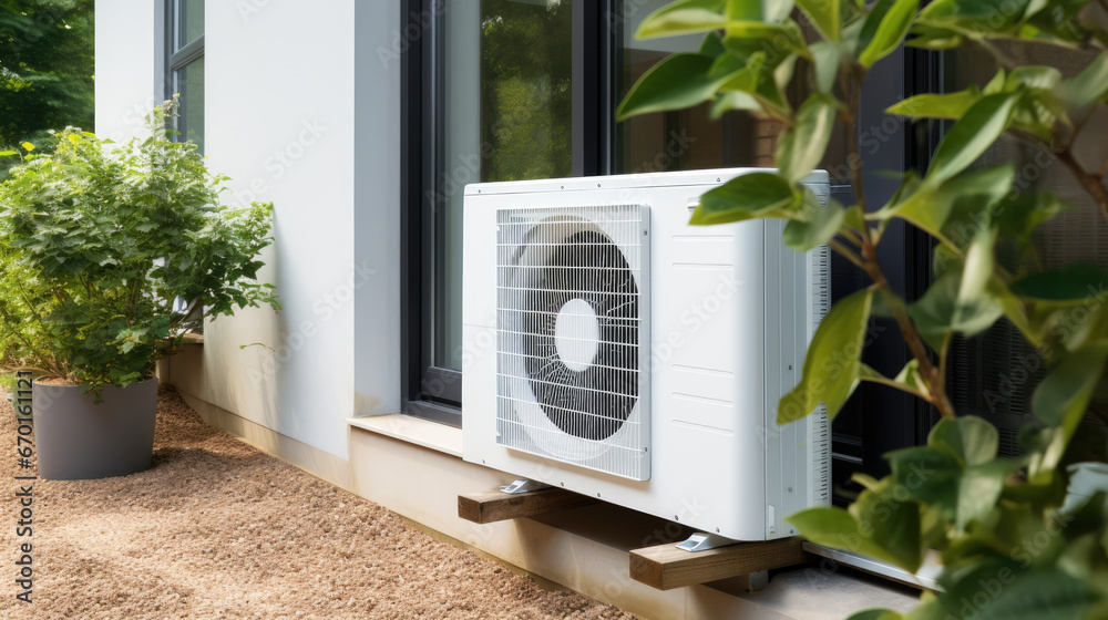 heat pump installed in residential building. Sustainable and clean energy at home, new heating, future heat pump installed in residential building. Sustainable and clean energy at home, new heating, future
