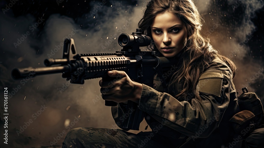 Beautiful military woman with a weapon lies on the ground ready to shoot